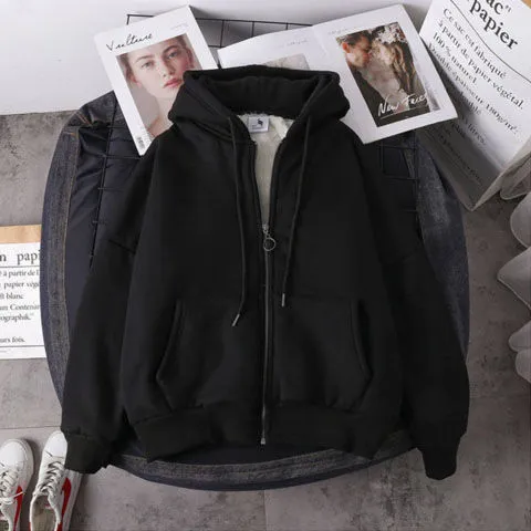 Autumn And Winter Loose Hooded Zipper Cardigan Sweater - Black