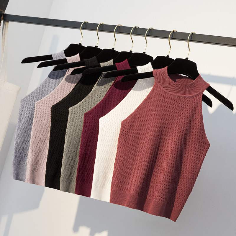 Korean Retro Hong Kong Style Halterneck Top Sleeveless Tight Knit Vest