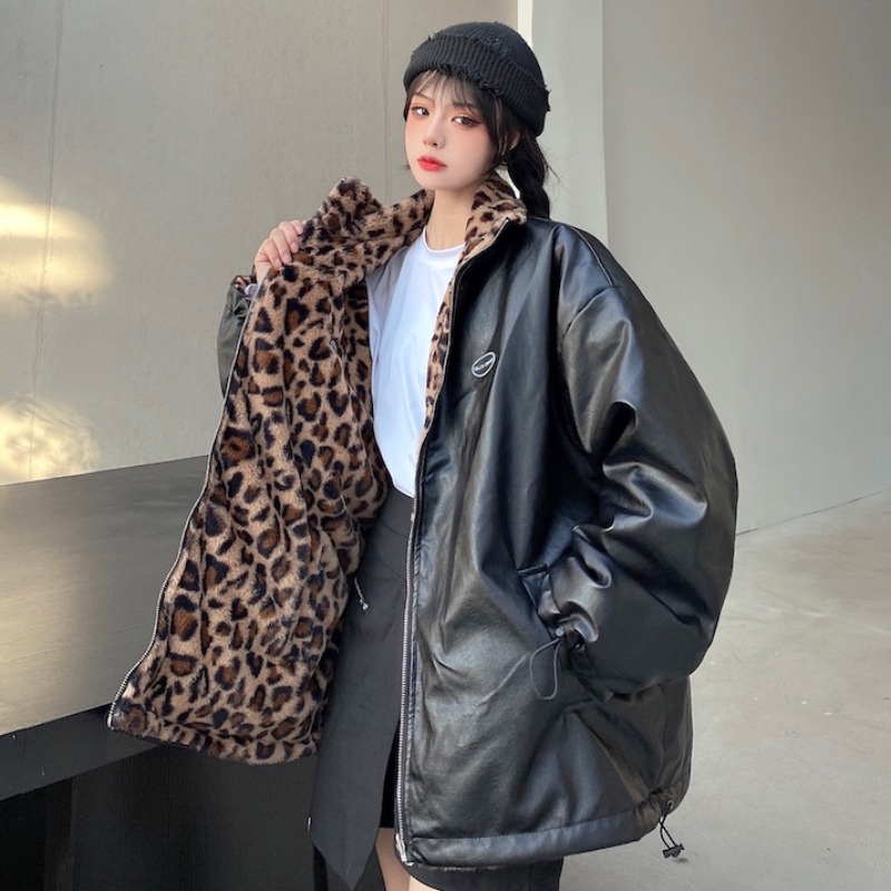 Leopard Print Coat On Both Sides Loose And Thick Motorcycle Clothing Black - Shop at LoveMi