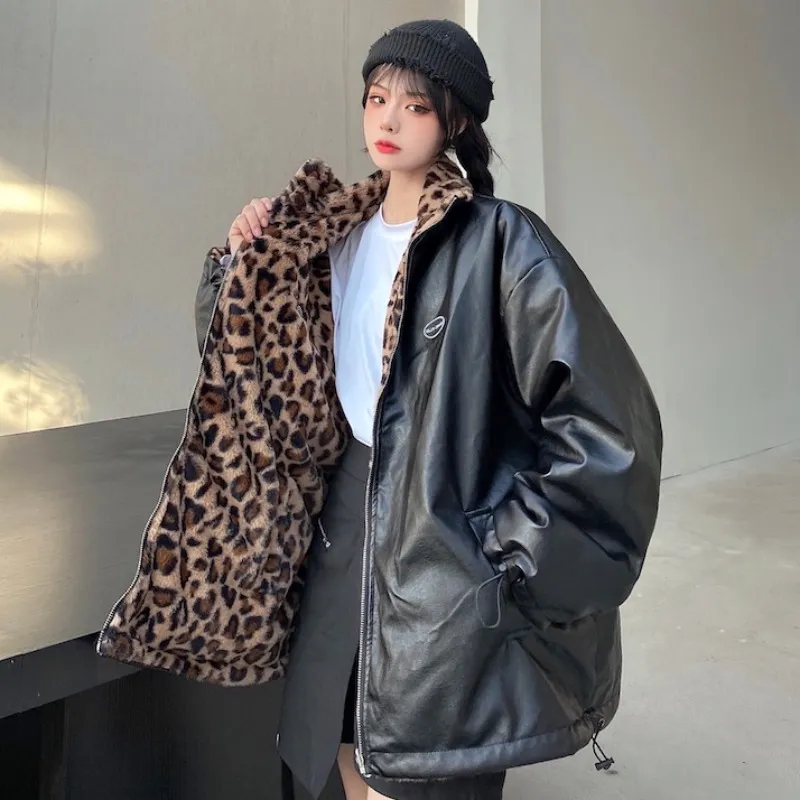 Leopard Print Coat On Both Sides Loose And Thick Motorcycle Clothing - Black