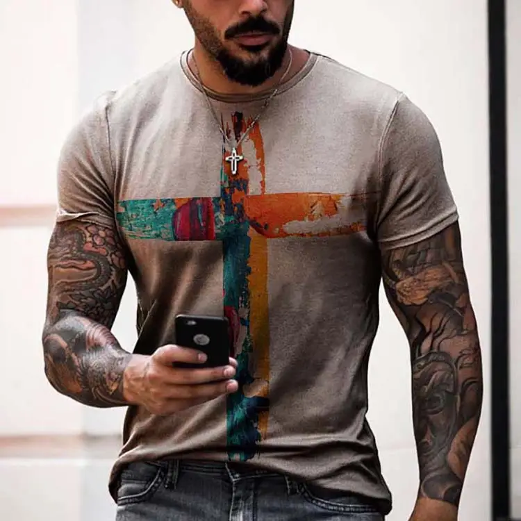 Men's Cross Print Casual Crew Neck T-Shirt