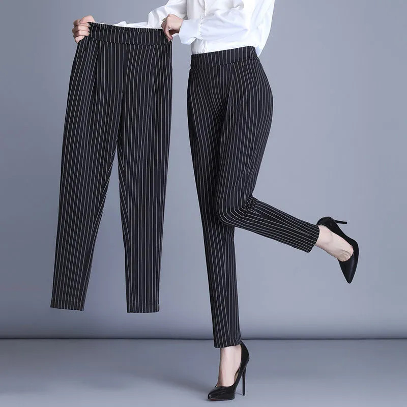 Elastic Waist And Feet All-match Slimming Casual Professional Suit Pants - Black Stripes