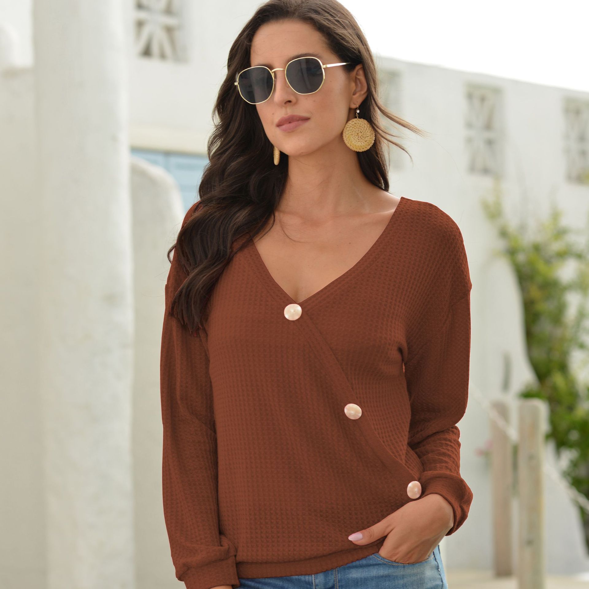 European and American V Neck Long Sleeve Women's Clothing