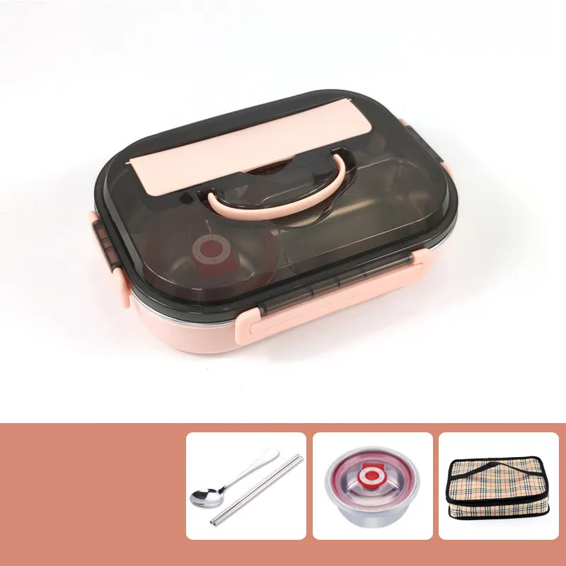 Elementary School Lunch Box With lid Separated Insulated Lunch Box - Pink With Bag
