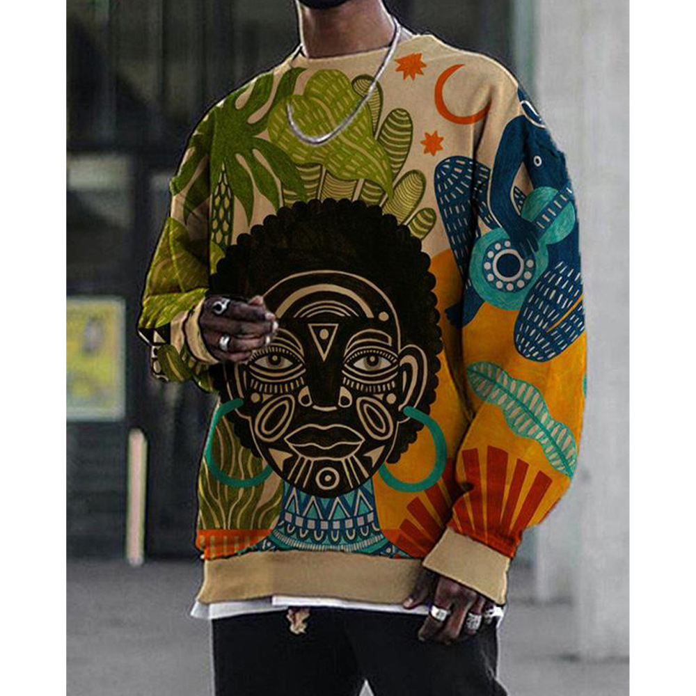 Casual Portrait Doodle Illustration Round Neck Long Sleeve Sweater