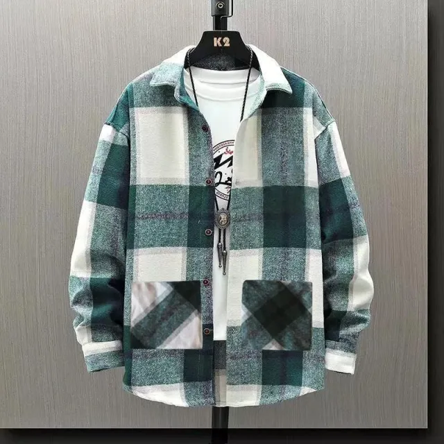 Retro Plaid Shirt Boys Ins Style Loose Casual Handsome Shirt Jacket Korean Version Turquoise - Shop at LoveMi