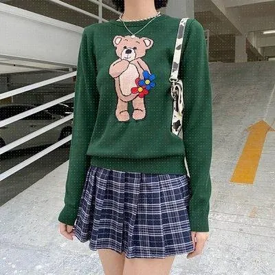 Panda Embroidery Loose Wool Ladies Knit Top Green - Shop at LoveMi
