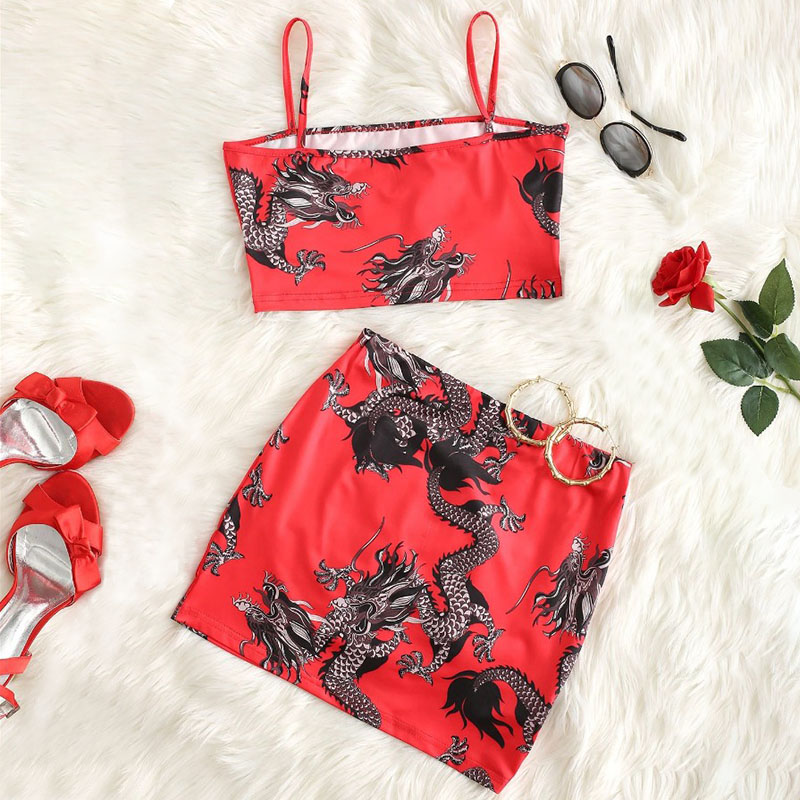 Printed Sexy Camisole Short Skirt Two-Piece Suit