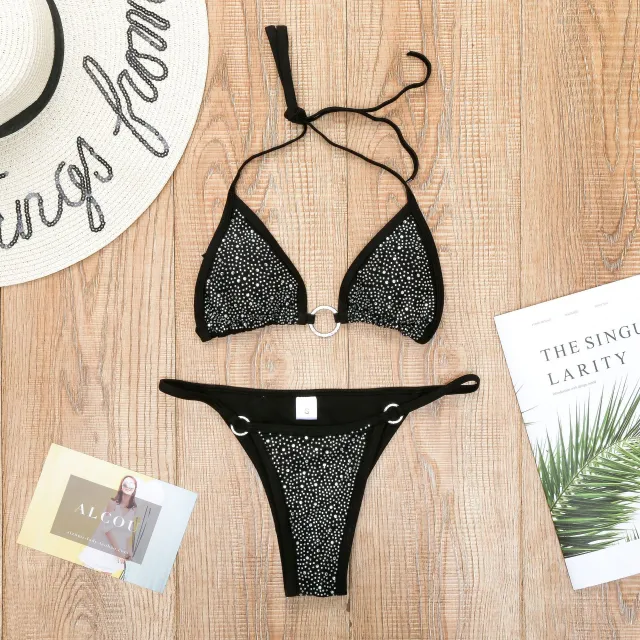 New Sexy Bikini Diamond Studded Female Swimsuit Split Swimsuit Black - Shop at LoveMi