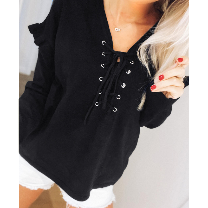 V-Neck Eyelet Lace-Up Ruffled Long-Sleeved Sweater Top