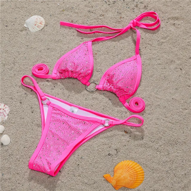 New Sexy Bikini Diamond Studded Female Swimsuit Split Swimsuit Pink - Shop at LoveMi