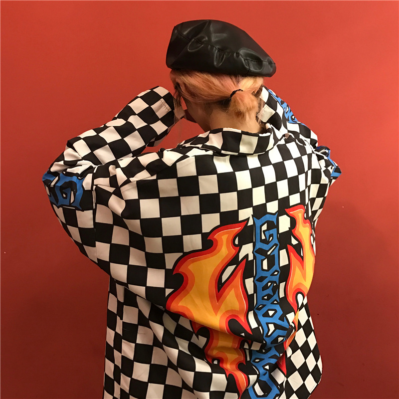 Back Flame Black And White Plaid Shirt Jacket For Men And Women Couples