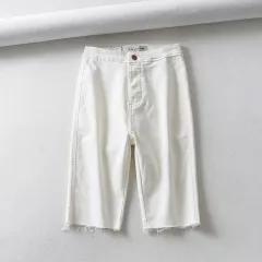 Black and White Slim High-Waist Stretch Five-Point Pants - White - View 1