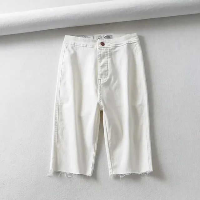 Black and White Slim High Waist Stretch Five Point Pants White - Shop at LoveMi
