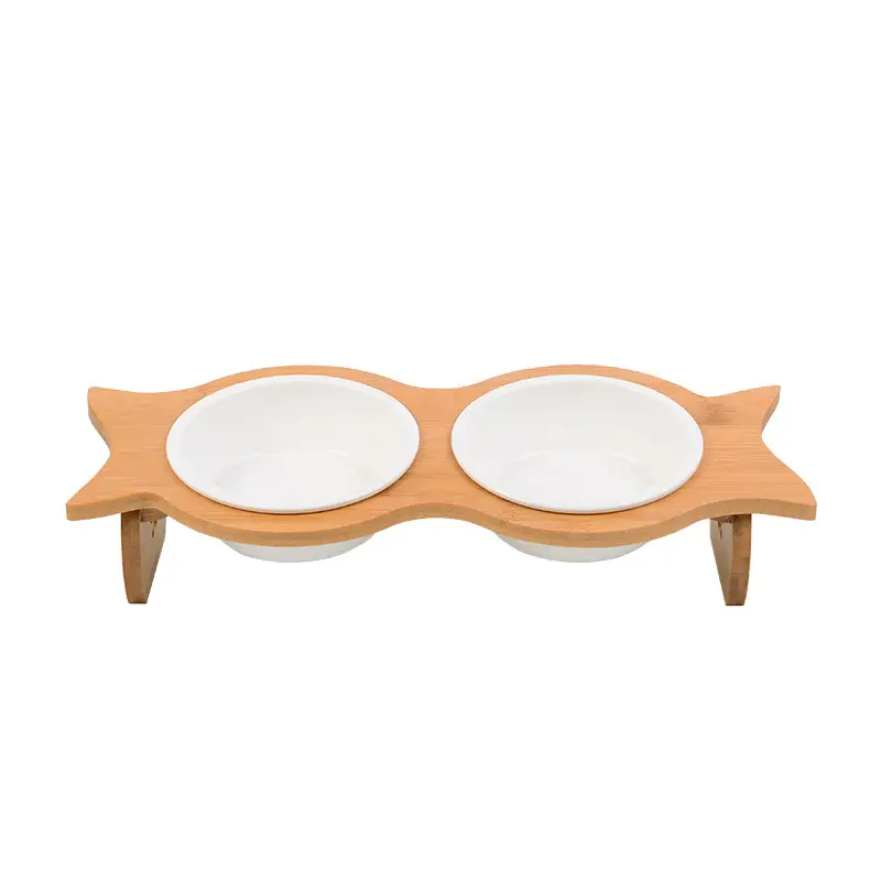 Bamboo Wooden Cat Bowl Rice Bowl Water Bowl Meow Xianer Fish Tail
