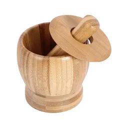 Bamboo Bowl Garlic Press Grinder Crusher for Guacamole Kitchen Pepper Garlic Pressing Bowl Convenient - Medium With Lid - View 1