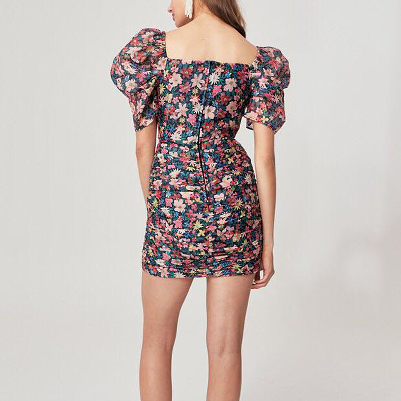 V-Neck Short Print Dress With Puffy Sleeves