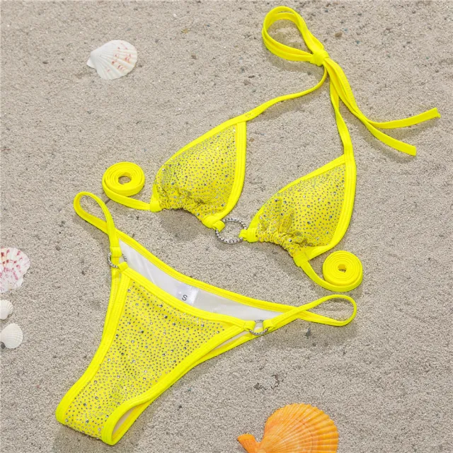 New Sexy Bikini Diamond Studded Female Swimsuit Split Swimsuit Yellow - Shop at LoveMi