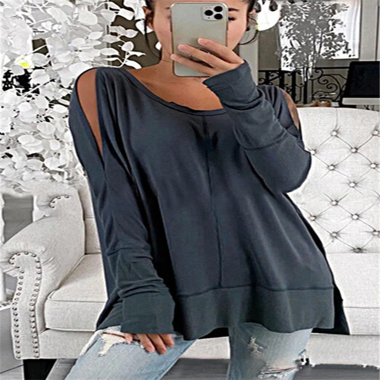 New Tops Hot Sale Stitching U-Neck Long Sleeve Off-Shoulder T-Shirt Women