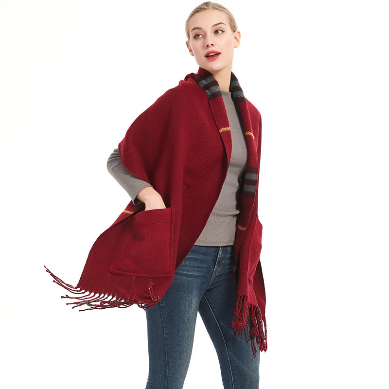 Thick Shawl Imitation Cashmere Fringed Pocket Plaid Scarf