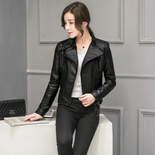 Slim Leather Jacket Motorcycle Leather Women Short Black - Shop at LoveMi