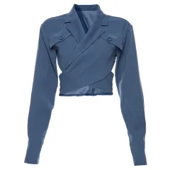 Long Sleeve Suit Collar Hollow Back Navel Slim Fit T Shirt - Blue - View 1