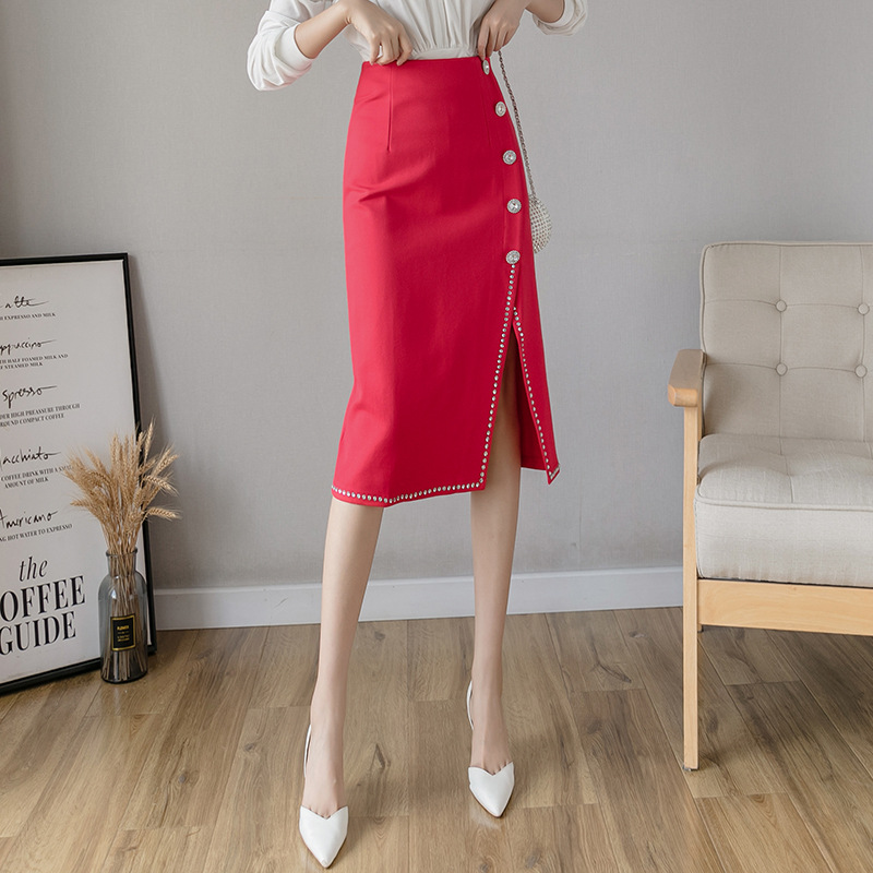 Sexy Alloy Diamond Buckle Split One Step Long Skirt Red - Shop at LoveMi