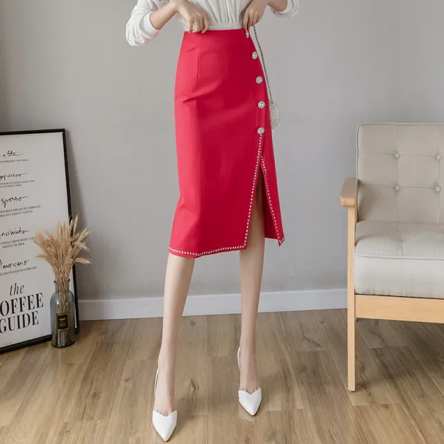 Sexy Alloy Diamond Buckle Split One Step Long Skirt Red - Shop at LoveMi
