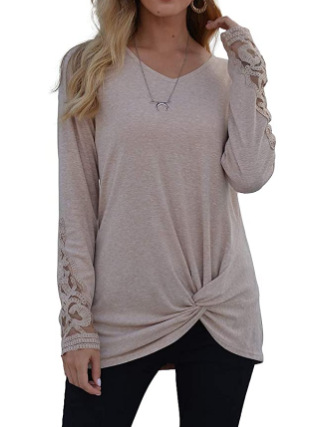V-Neck Loose Stitching Lace Long-Sleeved Twisted Hem Women's Top T-Shirt