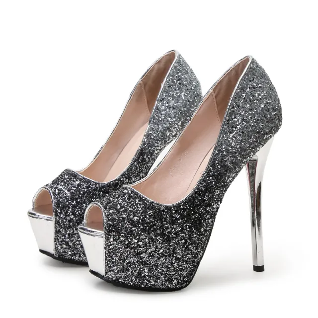 Fashion Sequin Gradient Color Sexy Fish Mouth Stiletto Platform High Heels Black - Shop at LoveMi