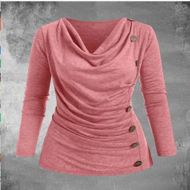 Multi Fold Collar Casual Fashion Long Sleeved T Shirt Pink - Shop at LoveMi