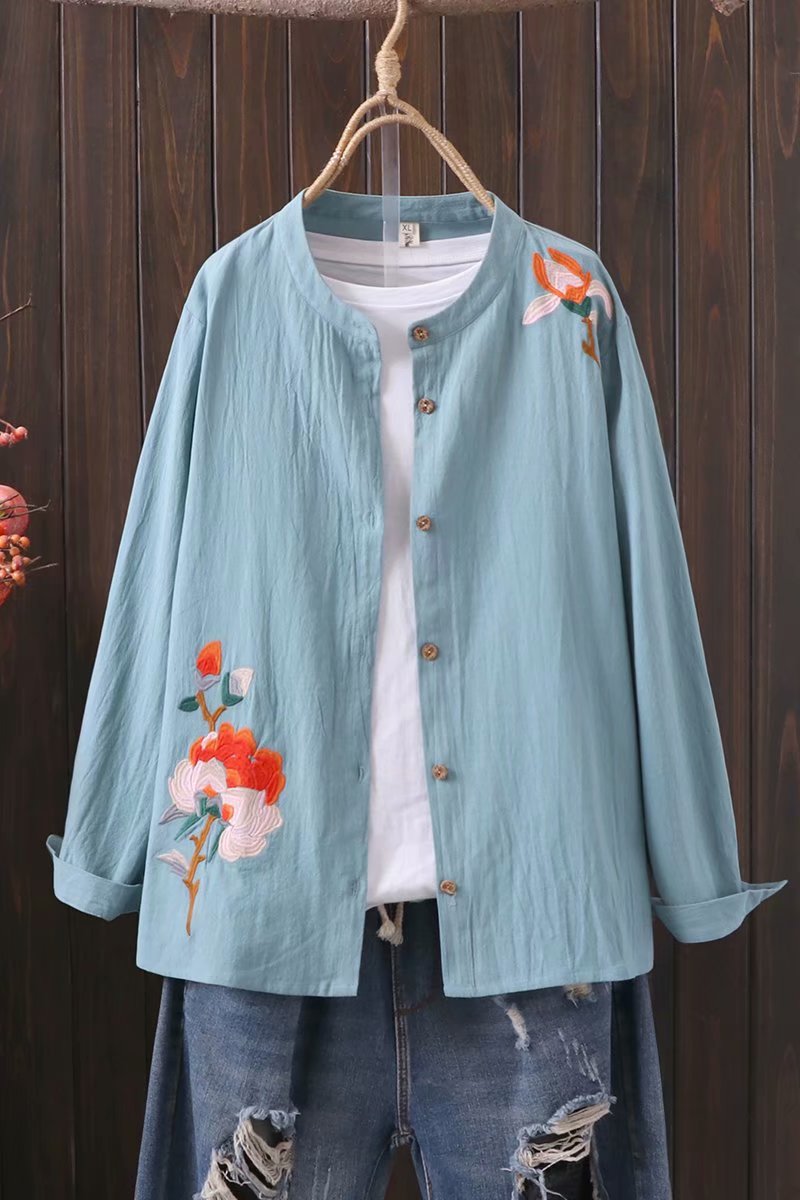 Ladies Ladies Embroidered Stand Collar Long Sleeve Base Shirt Shirt Top