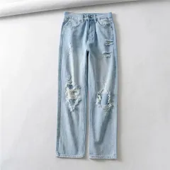 Light Blue denim Ripped Straight Leg Pants Women - Blue - View 1