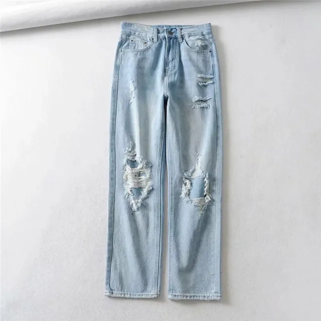 Light Blue denim Ripped Straight Leg Pants Women Blue - Shop at LoveMi