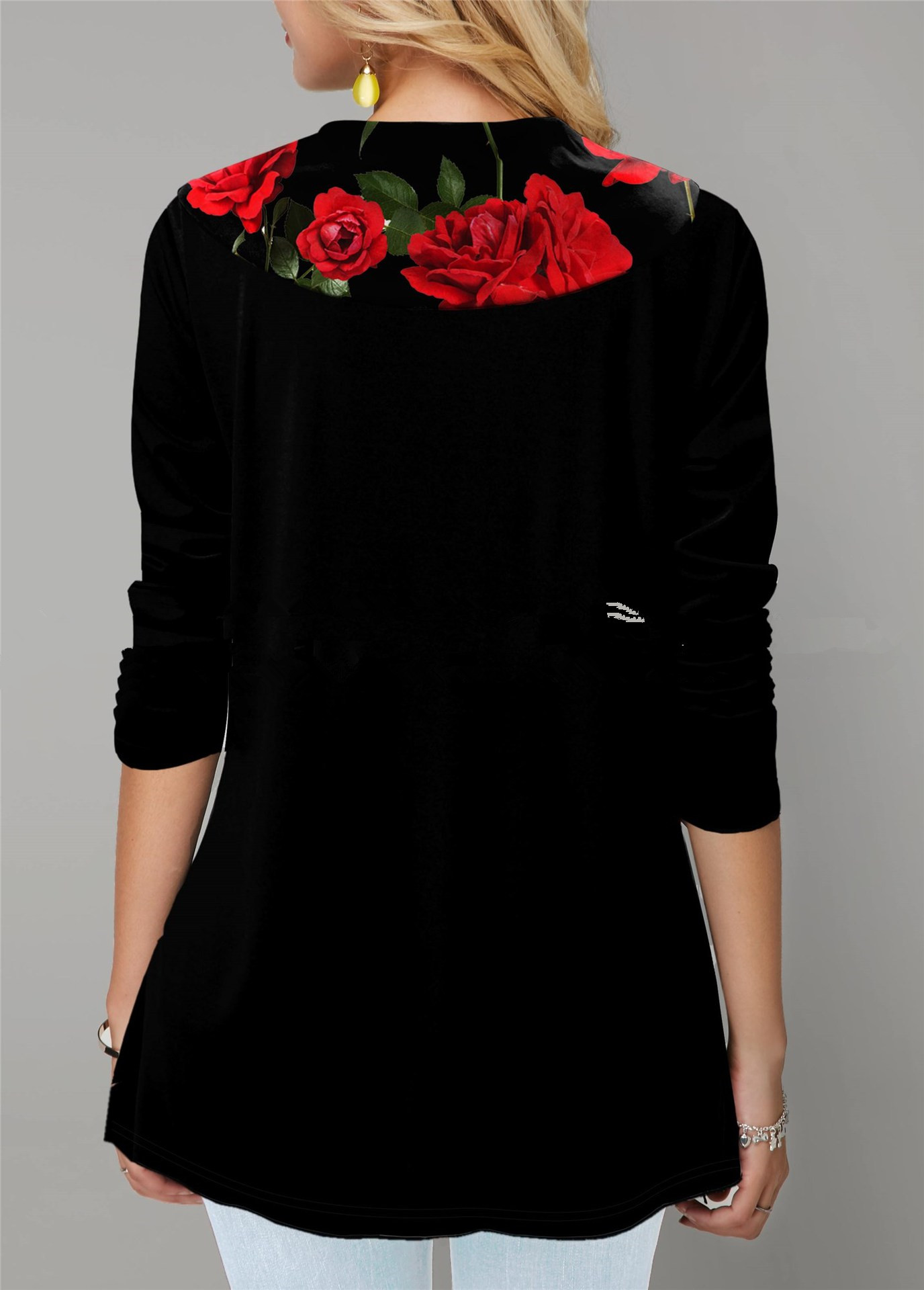 Lotus Leaf Collar Long Sleeve Single Breasted Print Stitching T-shirt