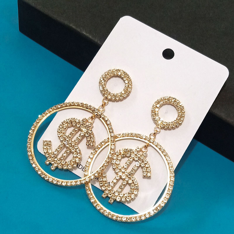 Dollar Letter Symbol Coin Rhinestone Exaggerated Earrings