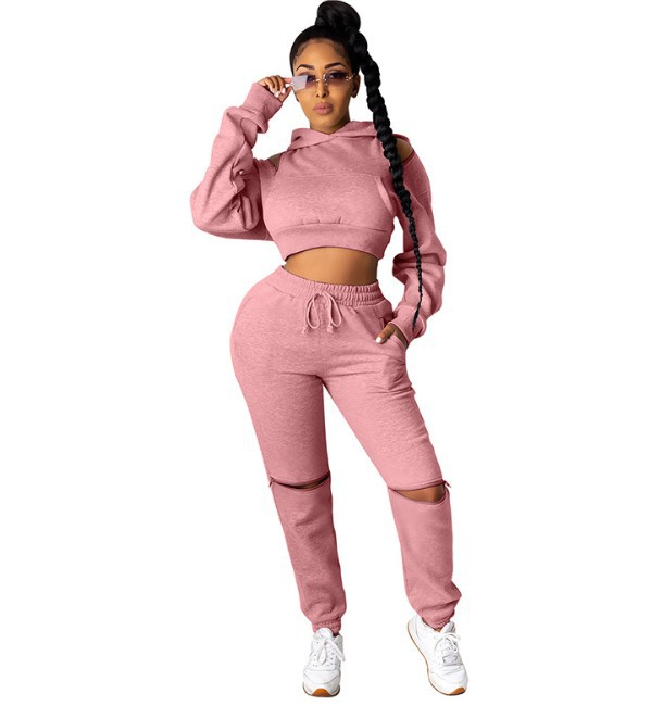 Long-Sleeved Hooded Off-Shoulder Cropped Sweater + knee Zipper Trousers Suit