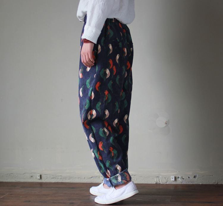 Small Warm Cotton and Linen Retro Corduroy Printed Pants Loose Carrot Pants
