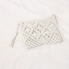 Simple Tassel Clutch Bag Retro Handle Cotton Thread - White - View 1