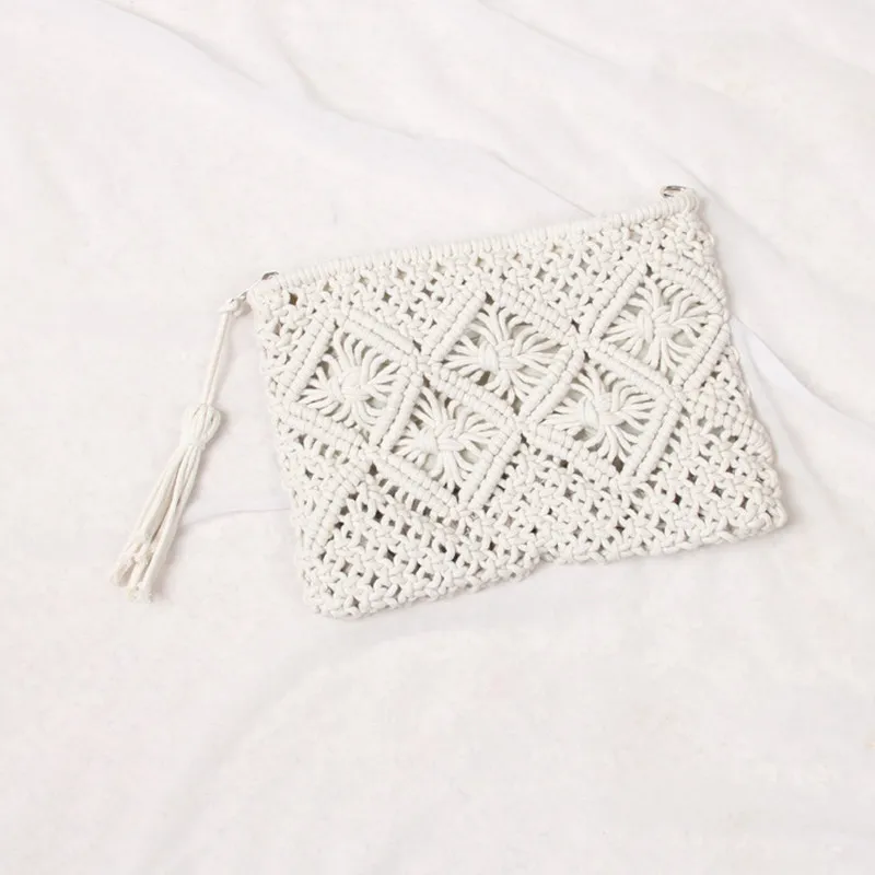 Simple Tassel Clutch Bag Retro Handle Cotton Thread - White