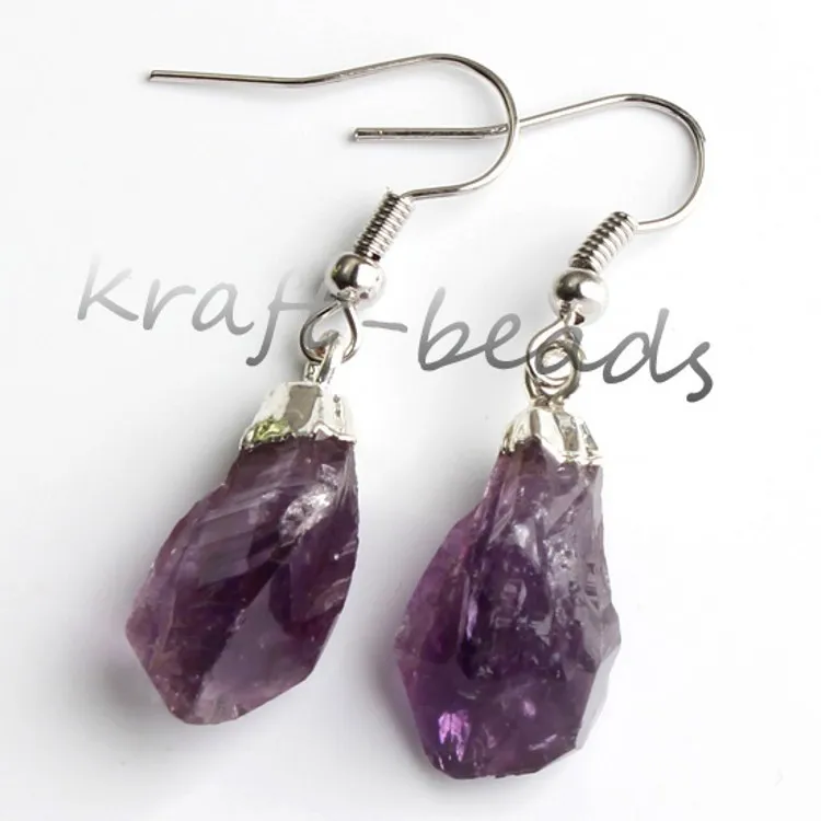 Natural Crystal Unshaped Rough Stone Earrings Earrings - Silver Plated Amethyst