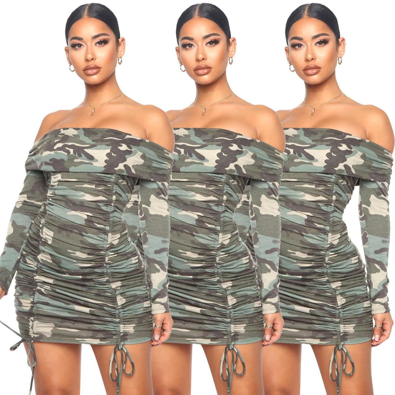 Cross-border Women's Dress with Printed Pleated Neckline