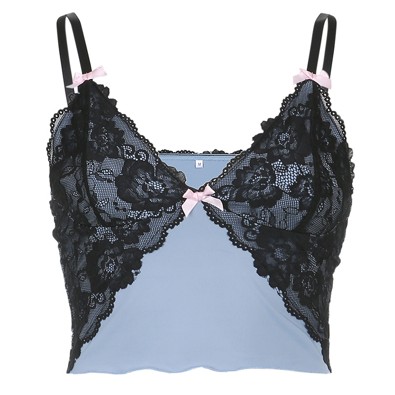 صدرية برقبة على شكل حرف V بتصميم دانتيل بألوان متباينة على الطراز الأوروبي والأمريكي