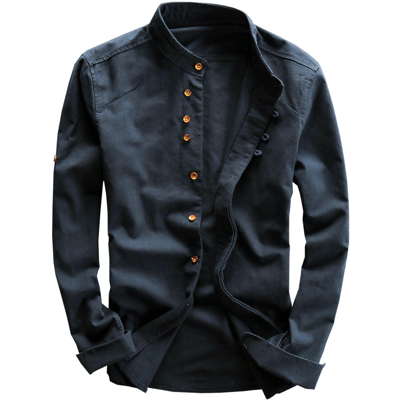 Men's Casual Linen Retro Stand Collar Slim Cotton Linen Shirt