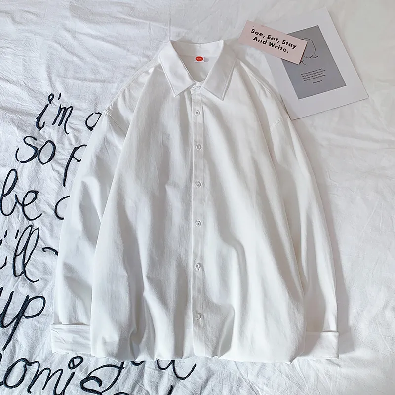 Casual Washed Cotton Hong Kong Style Shirt Loose Solid Color Long Sleeves