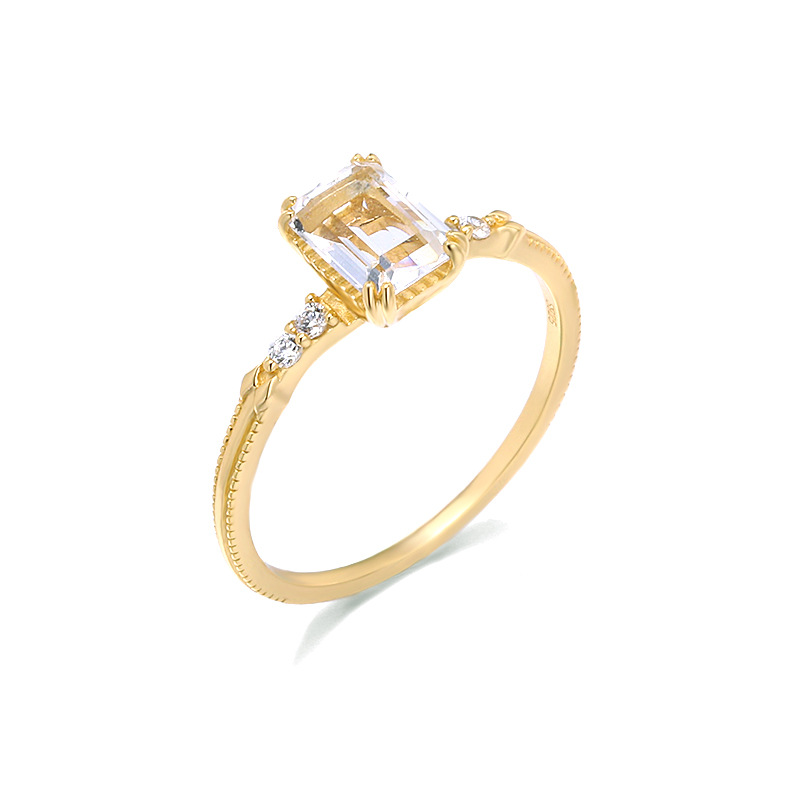 Simple Retro 925 Silver Square White Crystal Ring