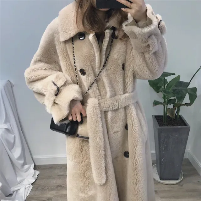 Large Grain Sheep Sheared Leather Jacket Women Beige - Shop at LoveMi
