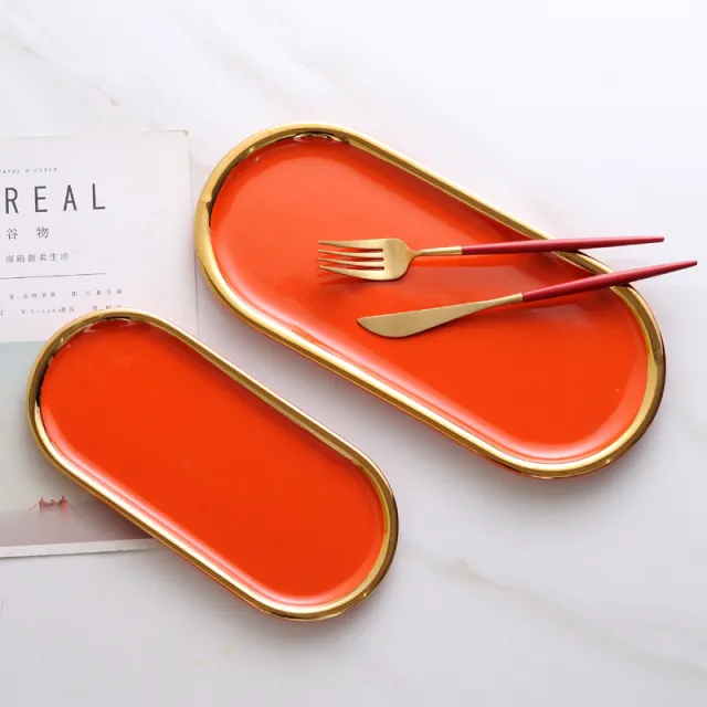 Net Red And Gold Edged Ceramic Oval Plate Coral Red Small - Shop at LoveMi