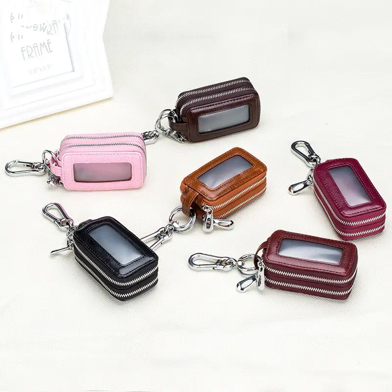 Cowhide Car Key Case Leather Double Zipper