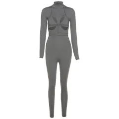Sexy Hollow Strap Fashion Sports Jumpsuit - Grey - View 1